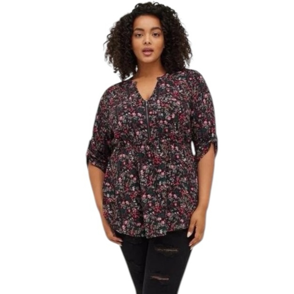 Torrid Babydoll Stretch Challis Zip-Front Tunic Top Floral 3/4 Rolled Sleeves 2